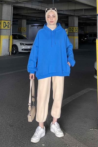 Kapüşonlu Oversize Yan Cepli Sweat Saks Mavisi