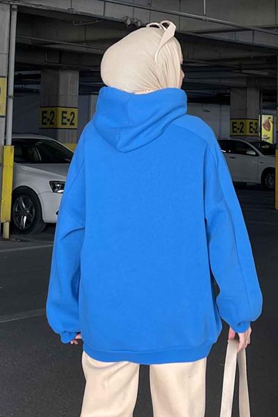 Kapüşonlu Oversize Yan Cepli Sweat Saks Mavisi
