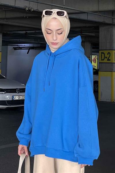 Kapüşonlu Oversize Yan Cepli Sweat Saks Mavisi
