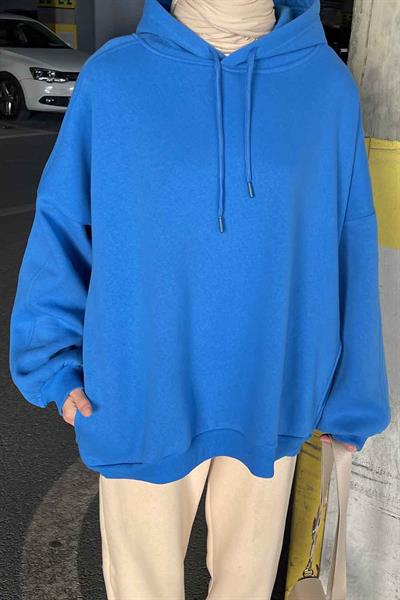 Kapüşonlu Oversize Yan Cepli Sweat Saks Mavisi