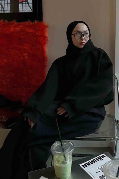 Kapüşonlu Oversize Yan Cepli Sweat Siyah