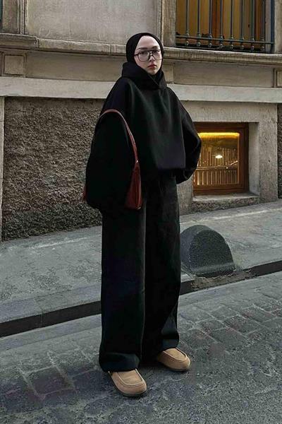 Kapüşonlu Oversize Yan Cepli Sweat Siyah