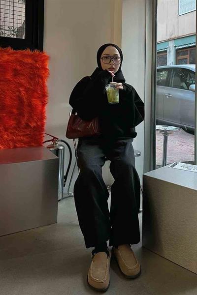 Kapüşonlu Oversize Yan Cepli Sweat Siyah