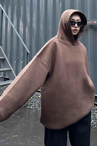 Kapüşonlu Salaş Sweatshirt Acı Kahverengi
