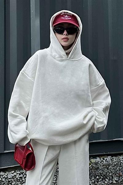 Kapüşonlu Salaş Sweatshirt Beyaz