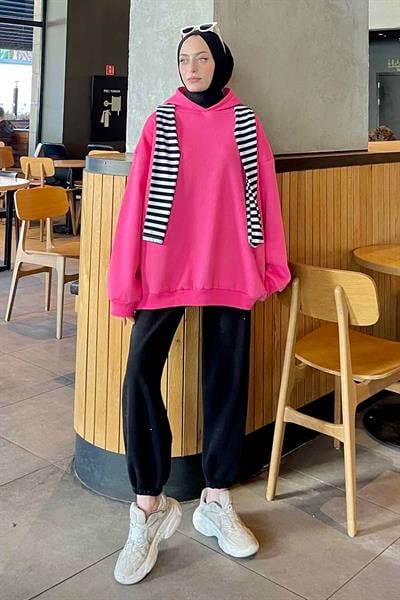 Kapüşonlu Salaş Sweatshirt Fuşya