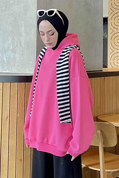 Kapüşonlu Salaş Sweatshirt Fuşya