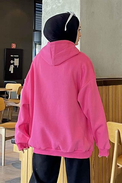 Kapüşonlu Salaş Sweatshirt Fuşya