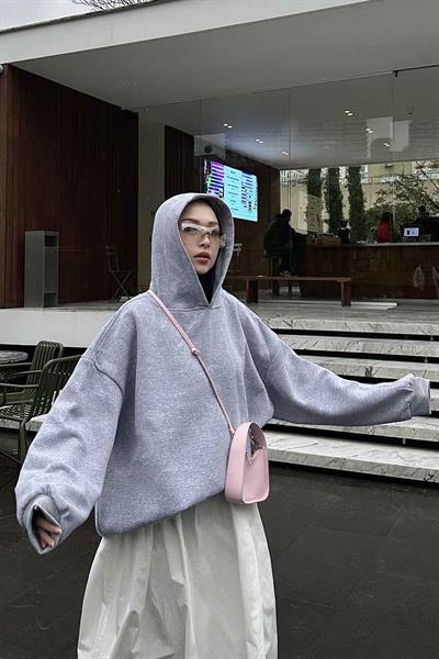 Kapüşonlu Salaş Sweatshirt Gri