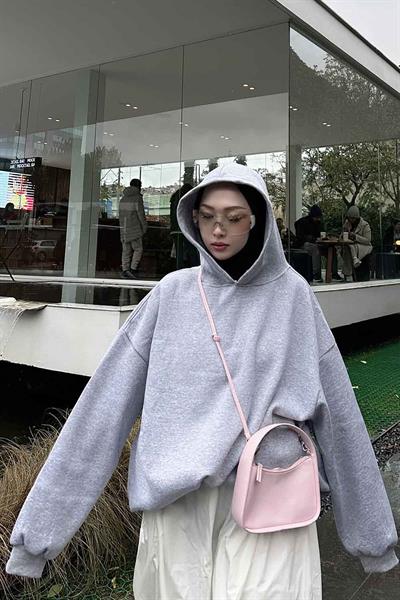 Kapüşonlu Salaş Sweatshirt Gri