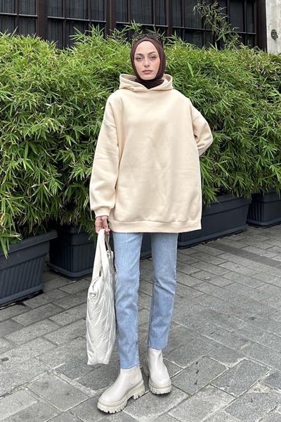 Kapüşonlu Salaş Sweatshirt Krem
