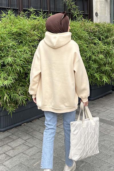 Kapüşonlu Salaş Sweatshirt Krem