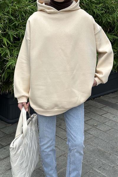 Kapüşonlu Salaş Sweatshirt Krem