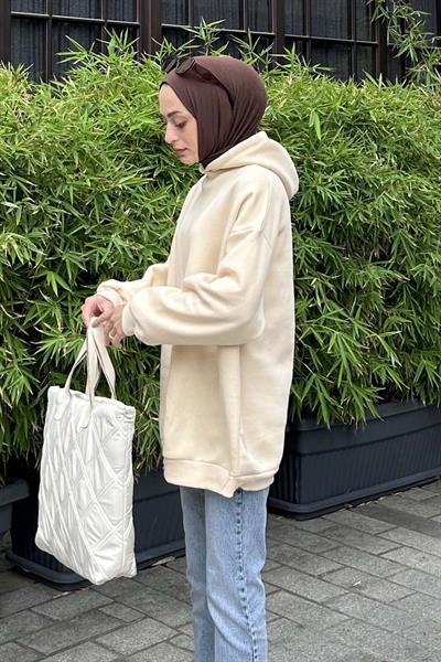 Kapüşonlu Salaş Sweatshirt Krem