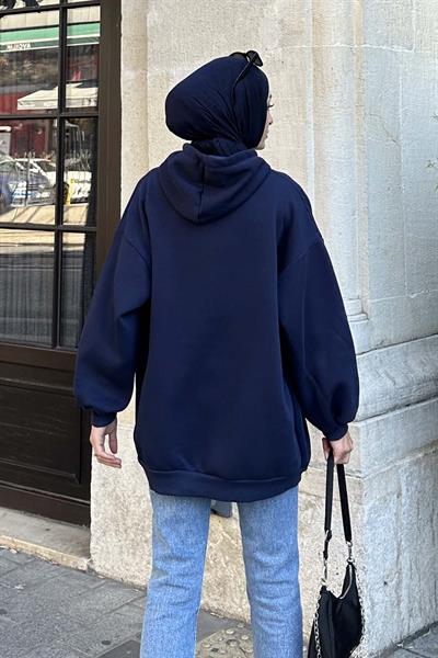 Kapüşonlu Salaş Sweatshirt Lacivert
