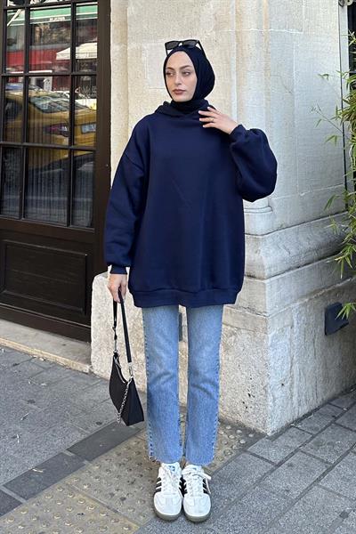 Kapüşonlu Salaş Sweatshirt Lacivert