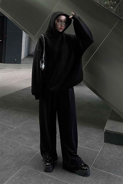 Kapüşonlu Salaş Sweatshirt Siyah