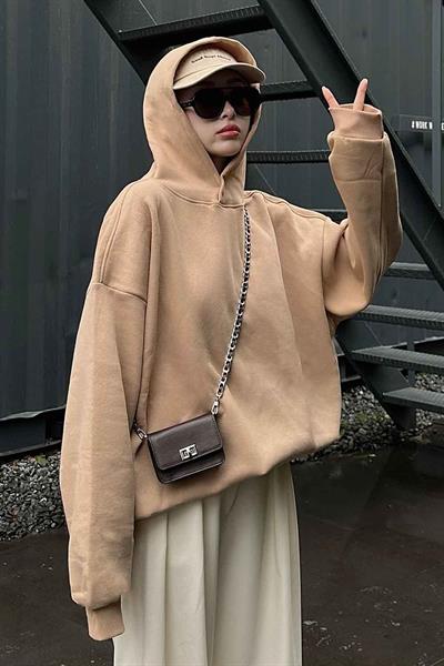 Kapüşonlu Salaş Sweatshirt Sütlü Kahve