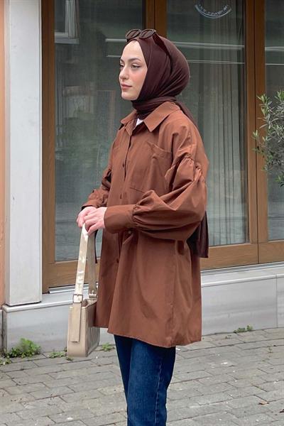 Kol Bağlama Detaylı Oversize Gömlek Acı Kahverengi
