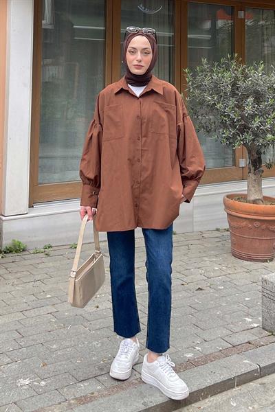 Kol Bağlama Detaylı Oversize Gömlek Acı Kahverengi