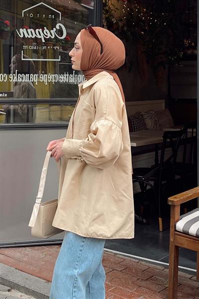 Kol Bağlama Detaylı Oversize Gömlek Bej