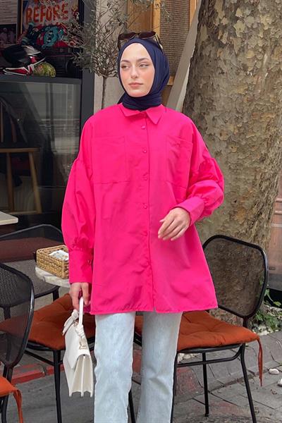 Kol Bağlama Detaylı Oversize Gömlek Fuşya