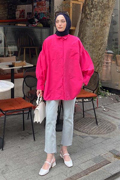 Kol Bağlama Detaylı Oversize Gömlek Fuşya