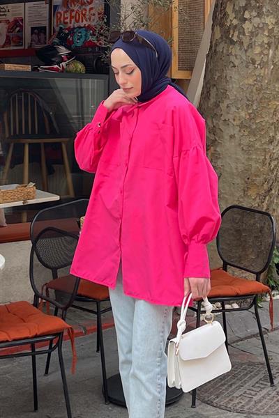 Kol Bağlama Detaylı Oversize Gömlek Fuşya