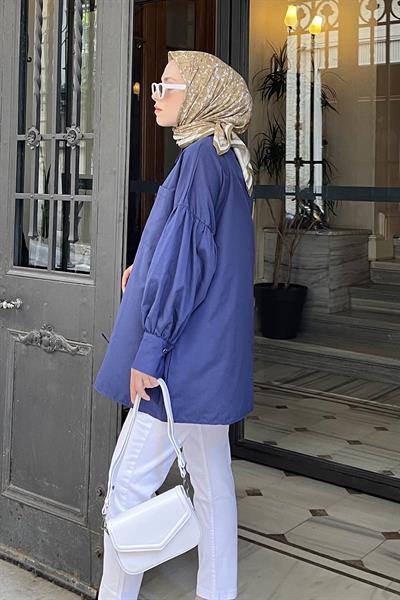 Kol Bağlama Detaylı Oversize Gömlek Lacivert