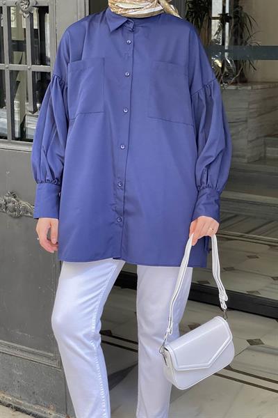 Kol Bağlama Detaylı Oversize Gömlek Lacivert