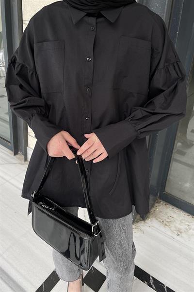 Kol Bağlama Detaylı Oversize Gömlek Siyah
