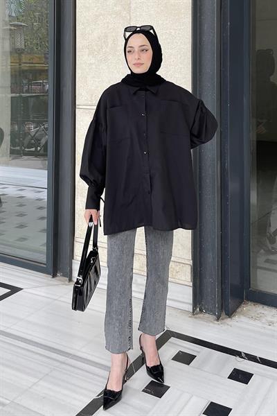 Kol Bağlama Detaylı Oversize Gömlek Siyah