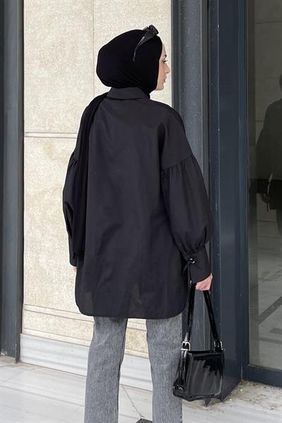 Kol Bağlama Detaylı Oversize Gömlek Siyah