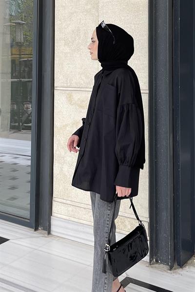Kol Bağlama Detaylı Oversize Gömlek Siyah