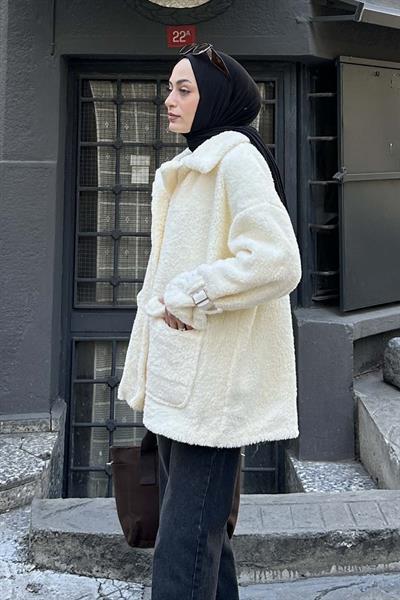 Kol Detaylı Fermuarlı Teddy Mont Krem