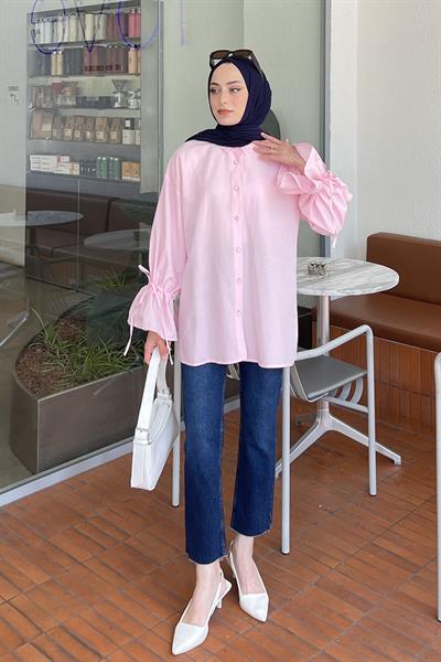 Kol Tünel İp Detaylı Gömlek Şeker Pembesi