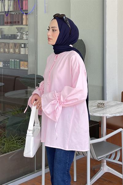 Kol Tünel İp Detaylı Gömlek Şeker Pembesi