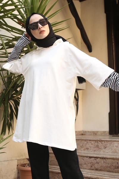 Kolu Çizgi Detaylı Kapüşonlu Sweat Beyaz