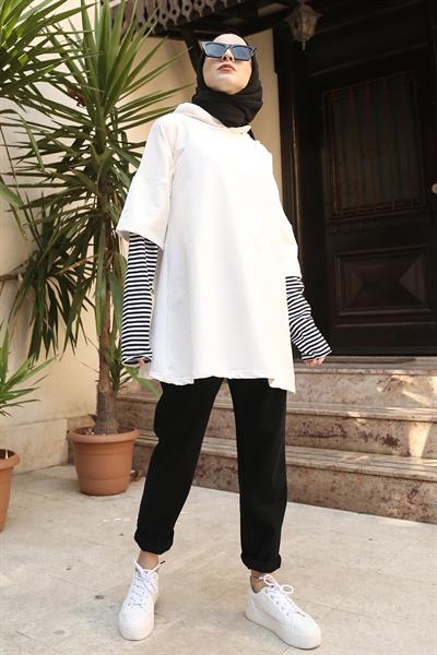 Kolu Çizgi Detaylı Kapüşonlu Sweat Beyaz