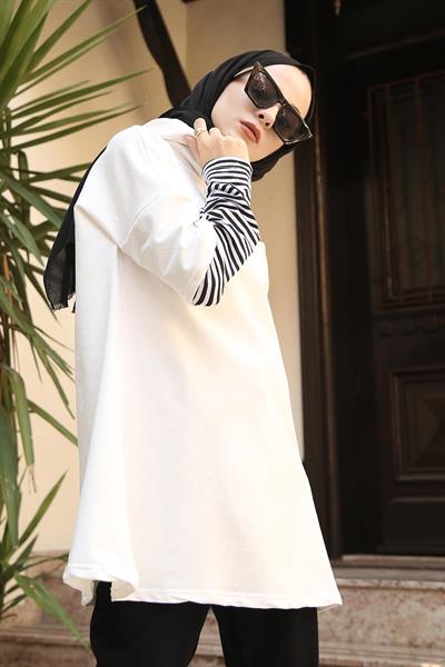 Kolu Çizgi Detaylı Kapüşonlu Sweat Beyaz