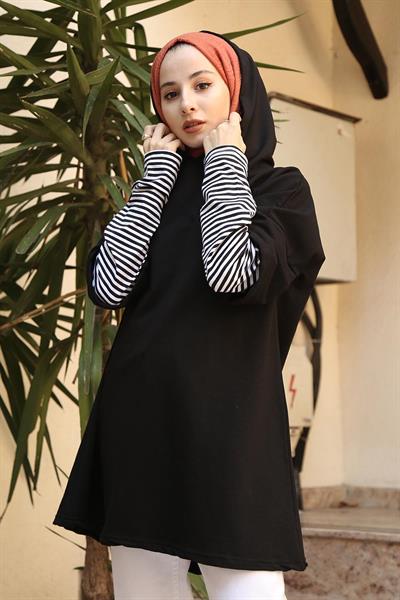 Kolu Çizgi Detaylı Kapüşonlu Sweat Siyah