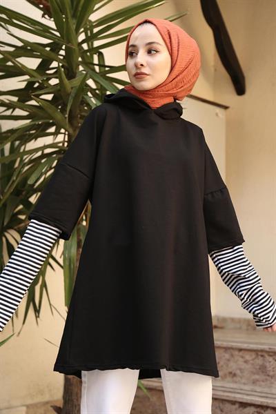 Kolu Çizgi Detaylı Kapüşonlu Sweat Siyah