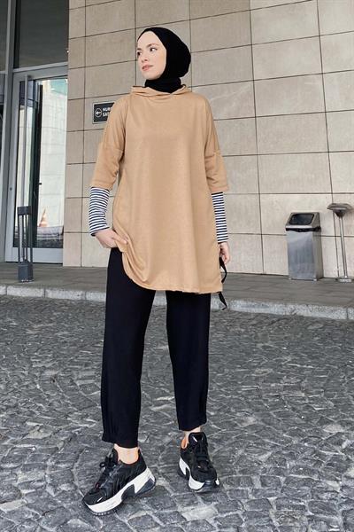 Kolu Çizgi Detaylı Kapüşonlu Sweat Sütlü Kahve
