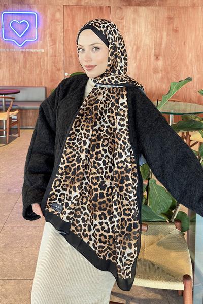Leopar Desen Pamuk Şal Siyah Taş