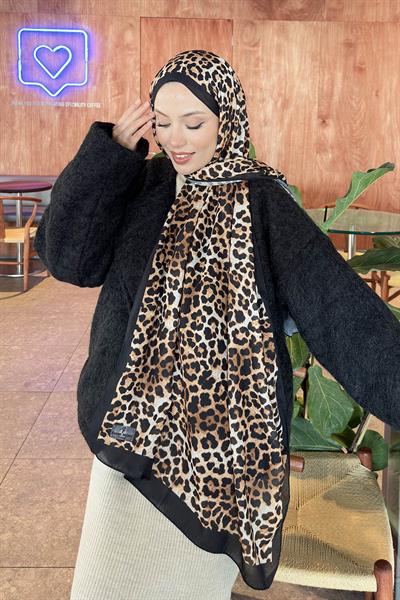 Leopar Desen Pamuk Şal Siyah Taş