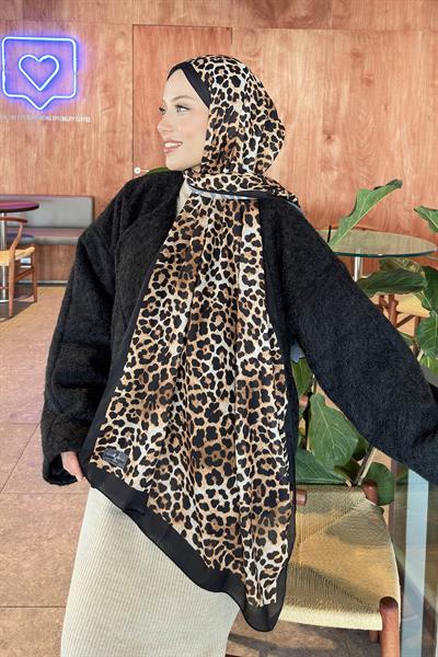Leopar Desen Pamuk Şal Siyah Taş