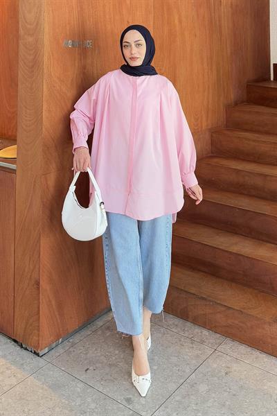 Manşeti Biyeli Tunik Pembe