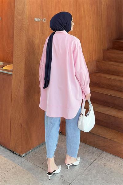 Manşeti Biyeli Tunik Pembe