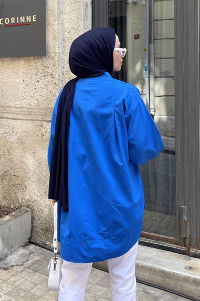 Manşeti Biyeli Tunik Saks Mavisi