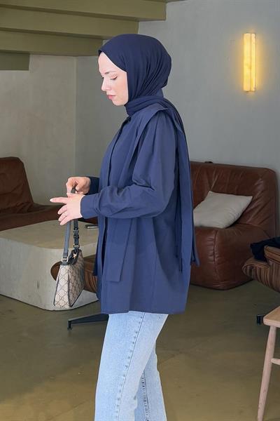 Omuz Vatka Detaylı Tesettür Gömlek Lacivert